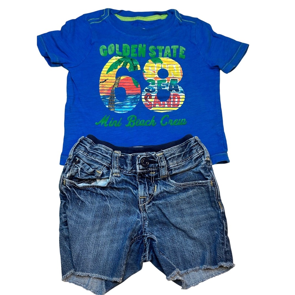Vintage Old Navy Baby Gap Outfit Set Toddler 12-18M Blue Beach Graphic Tee Jorts